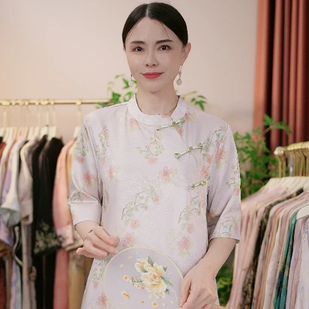 新中式盘扣垂感薄款透气女装时尚印花复古国风斜襟连衣裙0029