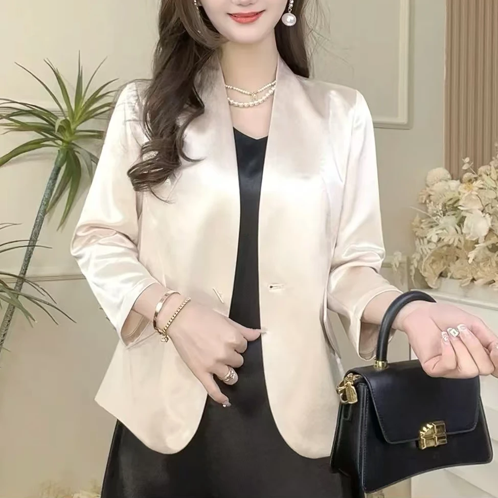 春秋时尚流光溢彩百搭简约高级光泽感缎面韩版气质女士西服外套
