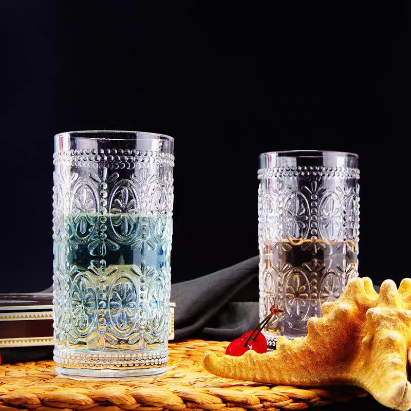 外单复古浮雕 INS风 无铅厚实玻璃杯 水杯  茶杯 果汁杯  牛奶杯
