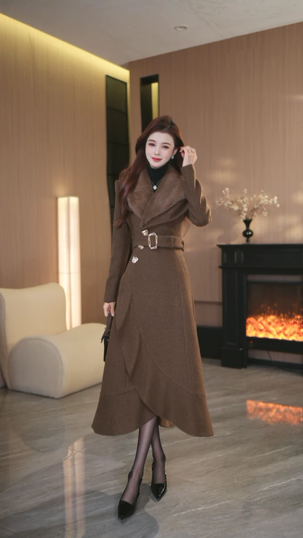 罗曼定制 原创设计咖色大衣外套复古连衣裙收腰女冬季新款收腰