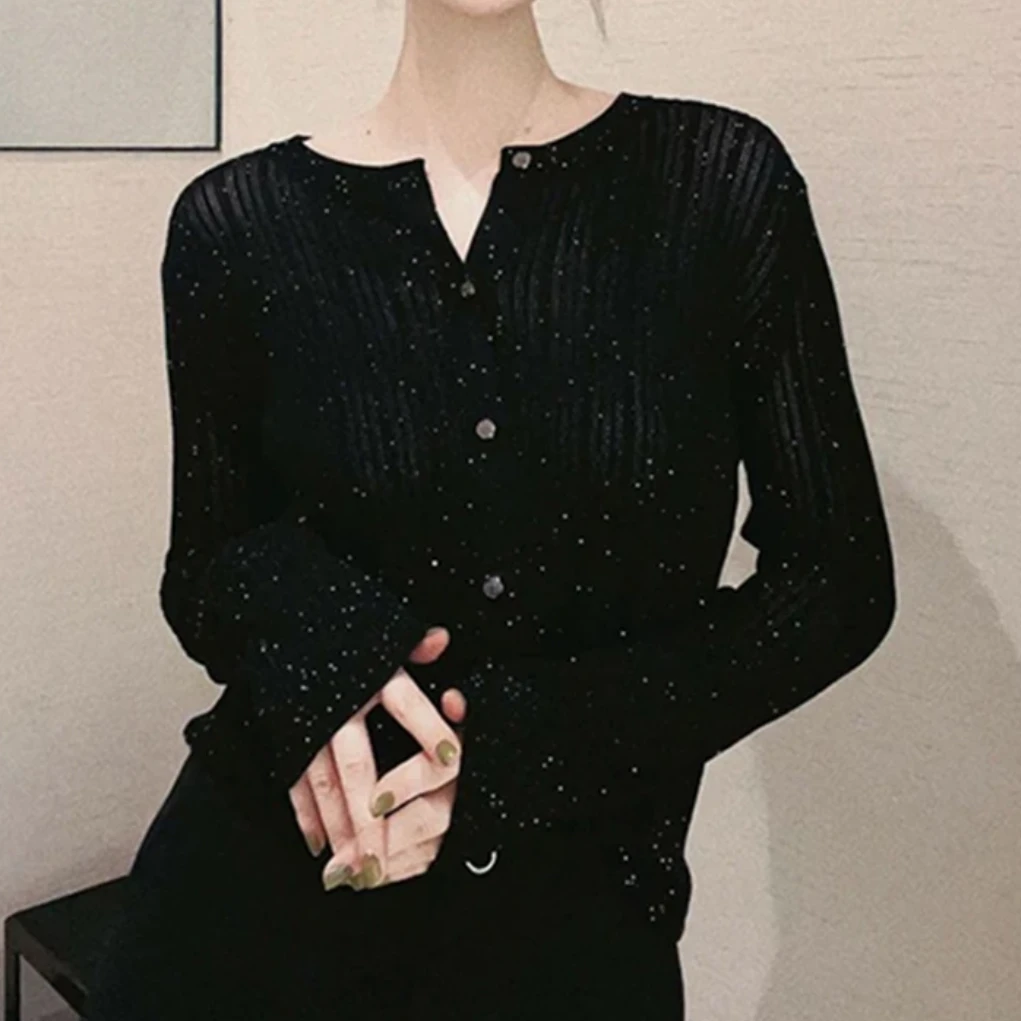 【大姑窝窝】黑色气质圆领开衫上衣春秋新款百搭时尚洋气毛针织衫女