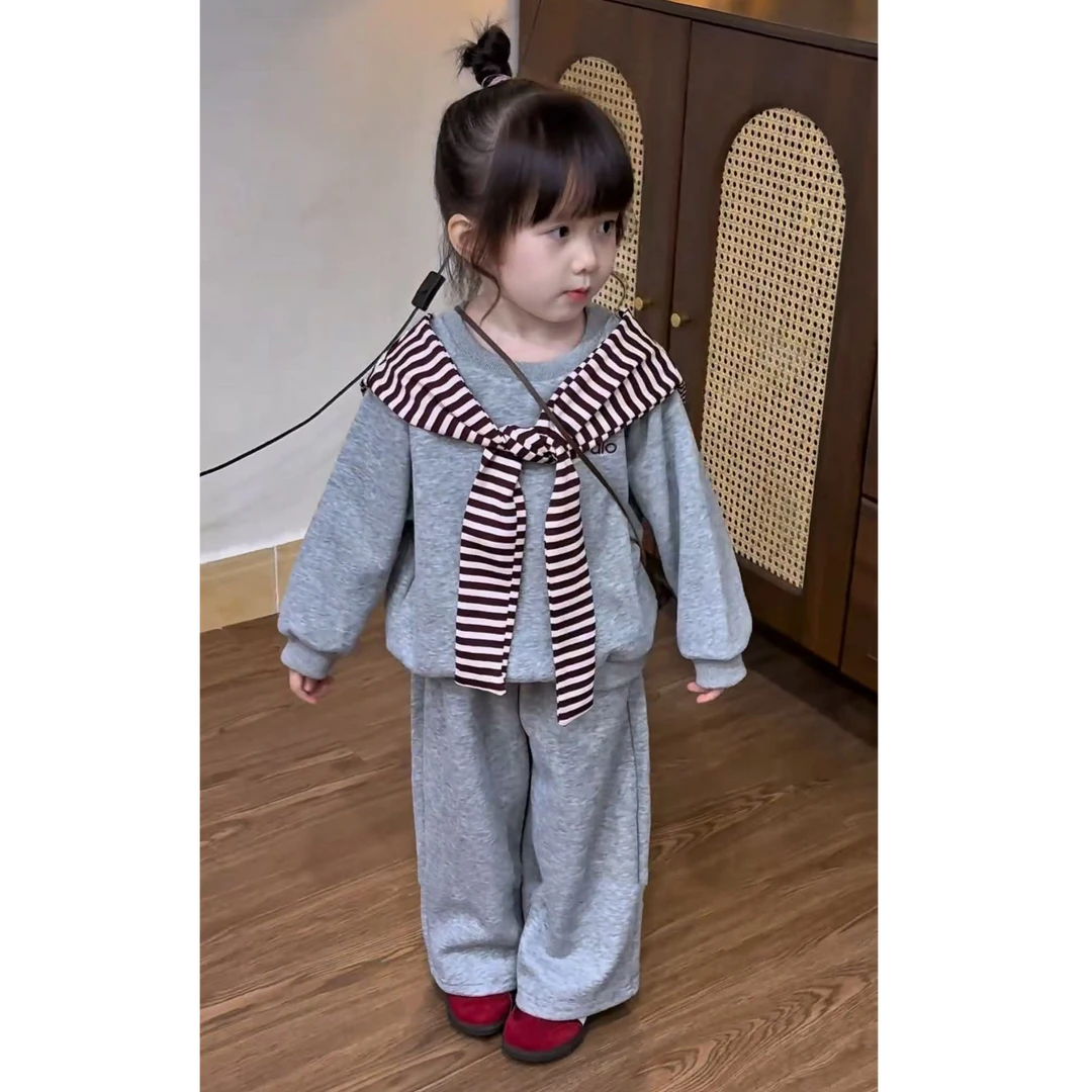 男女童秋季新款套装洋气条纹披肩卫衣休闲裤男女宝宝百搭两件套