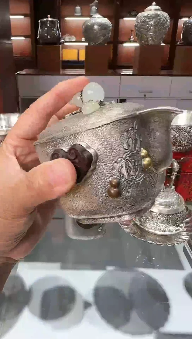 足银999精工手工双龙戏珠鏨刻手抓盖碗重的