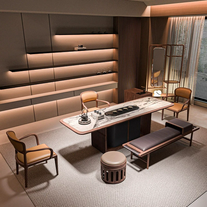 新中式轻奢岩板茶桌高端北美黑胡桃木家用休闲长条现代茶室泡茶台