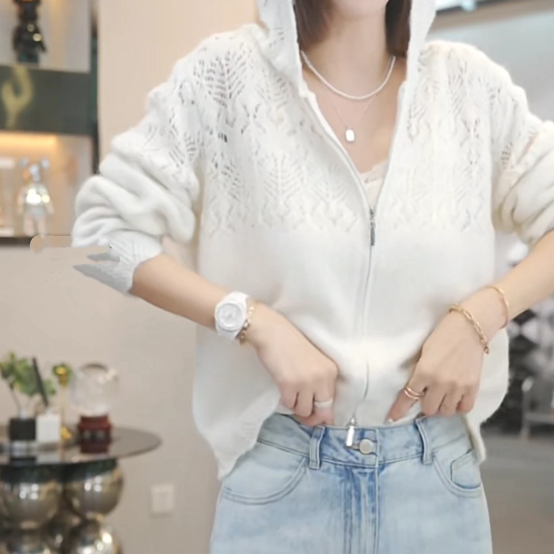 镂空设计感重工帽衫外套2女025春季新款时尚花纹气质长袖连帽上衣