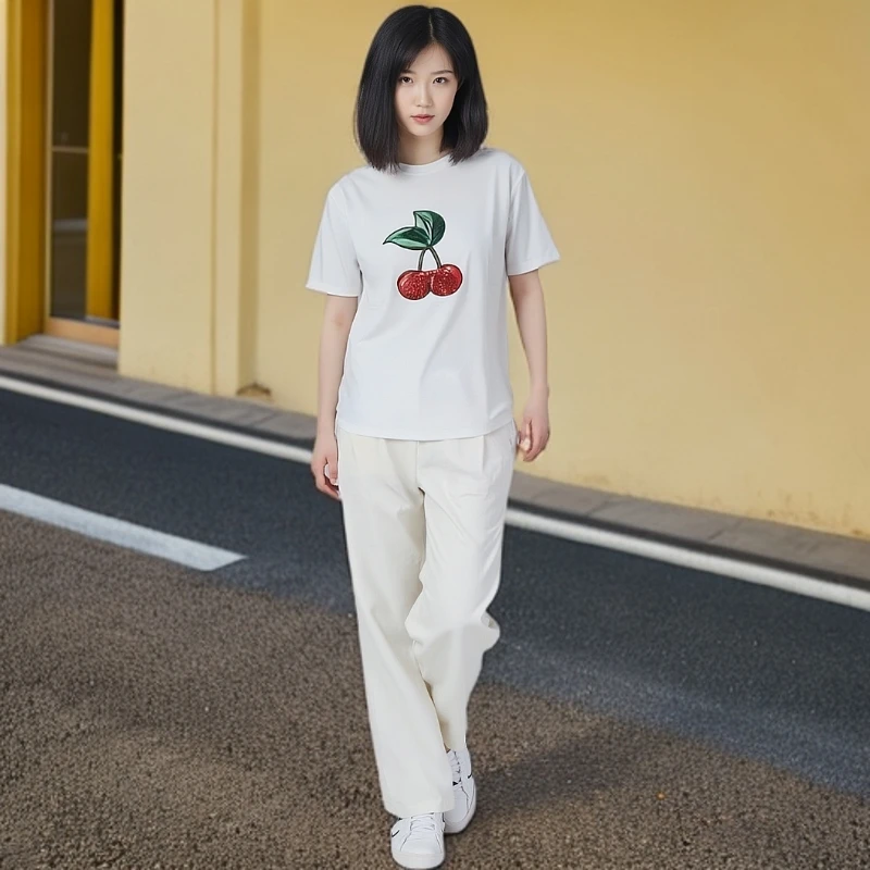c.o.重工亮片刺绣樱桃夏季女款纯棉时尚百搭休闲短袖T恤