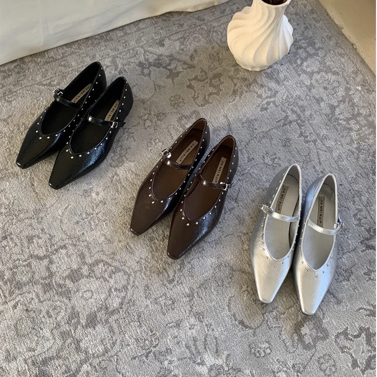 真皮法式方头铆钉粗跟玛丽珍配裙子复古单鞋显瘦软底女鞋308-3