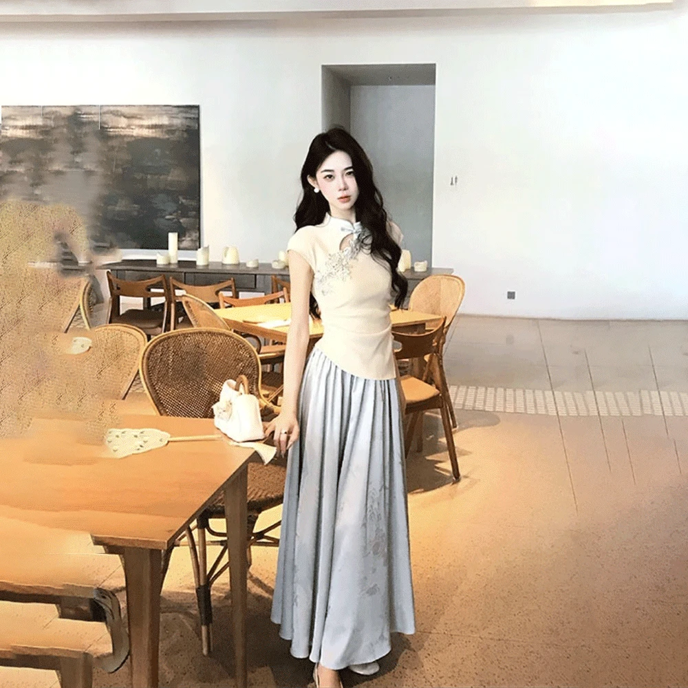 新中式国风镂空t恤女上衣套装2025夏季新款显瘦中长款伞裙一整套