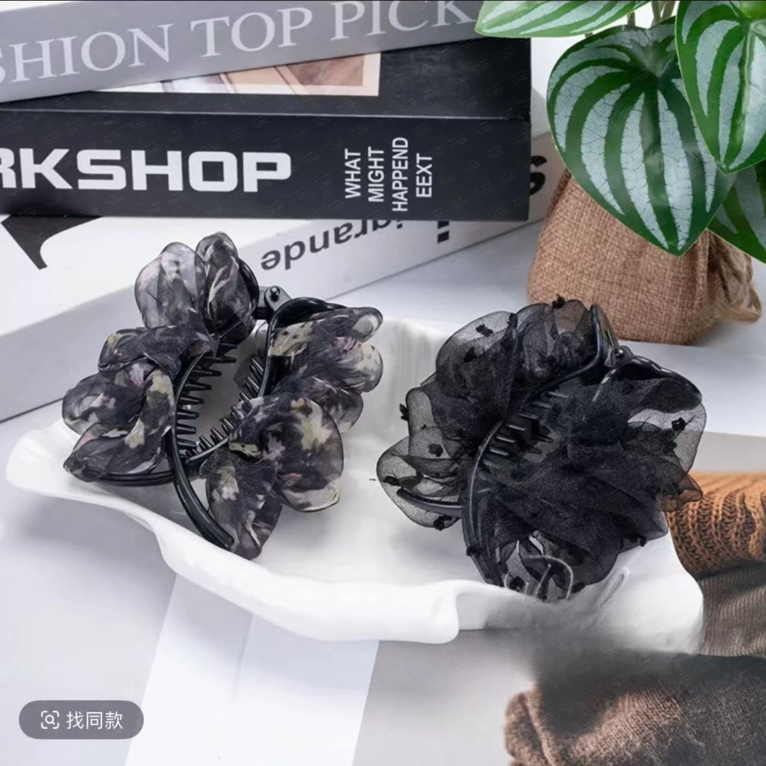 秋冬手工韩版发夹新款褶皱夹子气质百搭网纱款简约优雅丸子头抓夹