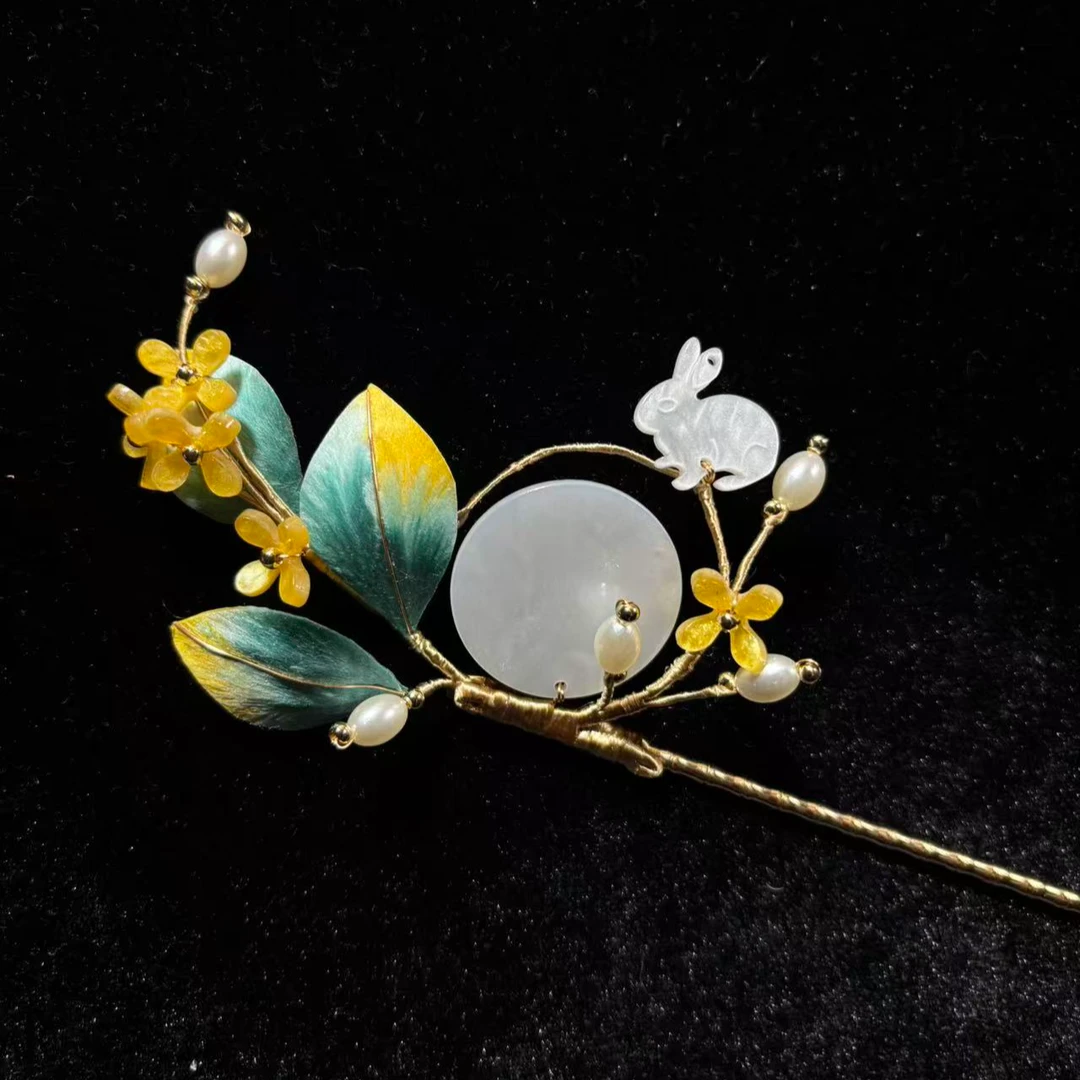 非遗绒花发簪马面裙配饰古风汉服桂花发钗月亮国风簪子新中式国风