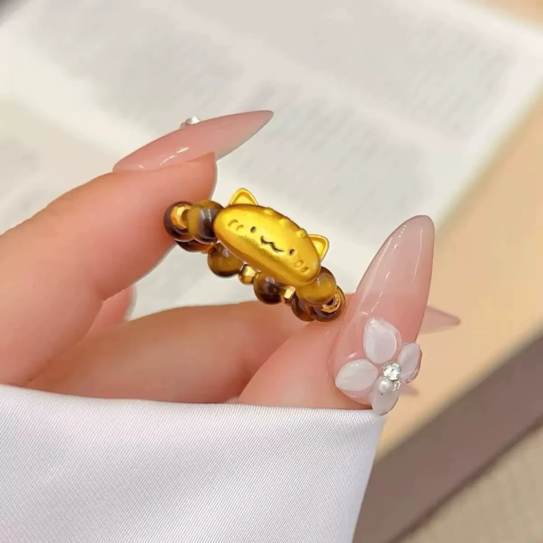 铜合金戒指 新中式复古猫咪虎眼石戒指蹦迪珠转运珠食指戒送女友