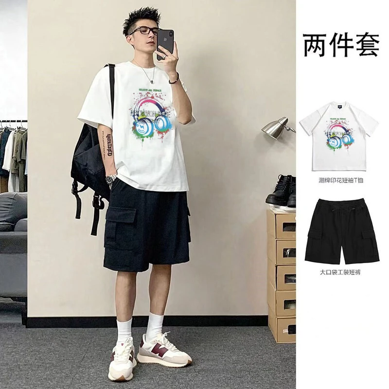 初中生男装夏季套装时尚宽松短袖纯棉t恤搭配工装裤一整套休闲潮