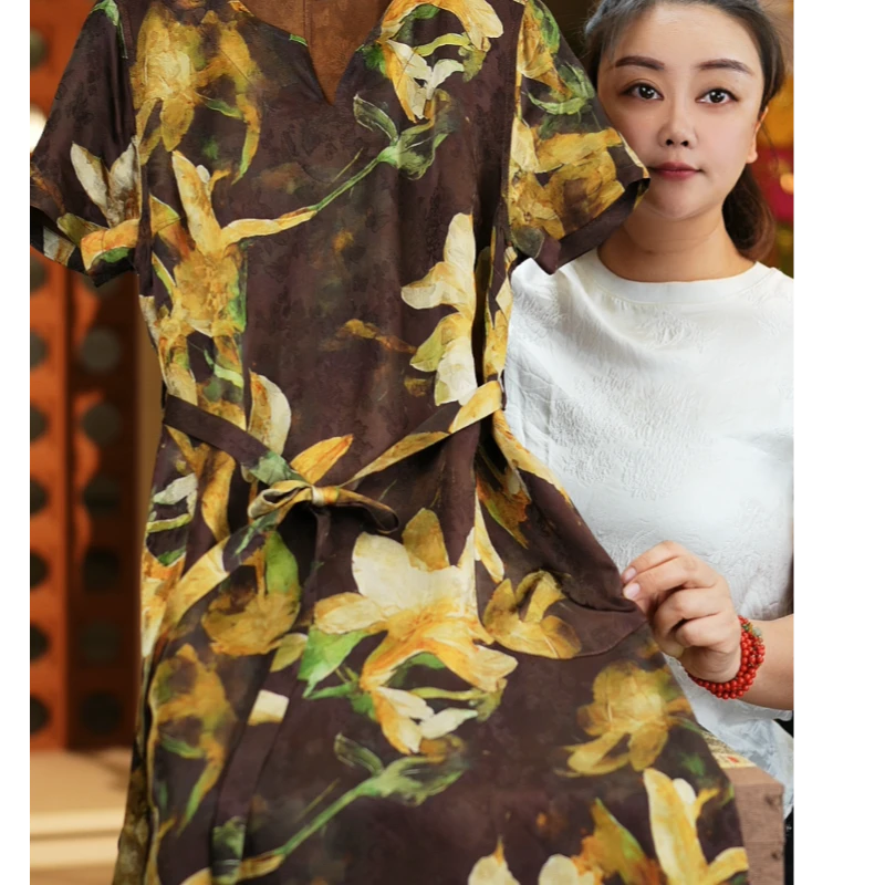 萍水相逢【非遗美学】原创高端定真丝提花花萝显瘦黑连衣裙1170