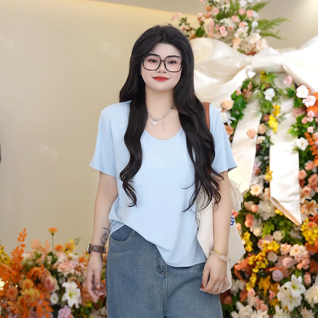 梦丞-夏装大码女装百搭宽松显瘦休闲短袖女上衣甜美风舒适纯色T恤