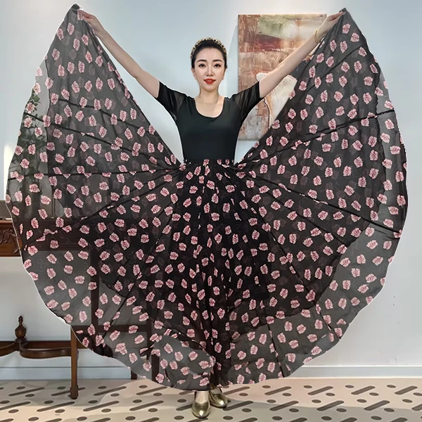 《绮梦玫瑰》人丝乔其满铺印花全松紧腰大摆半身裙带衬裙