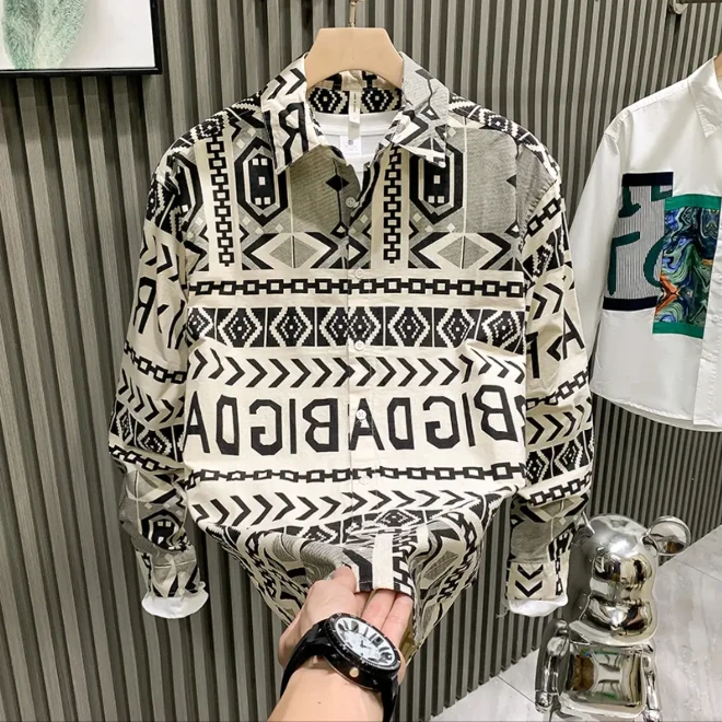 轻奢专柜品质时尚印花男装日系复古休闲百搭衬衣开衫长袖衬衫外套