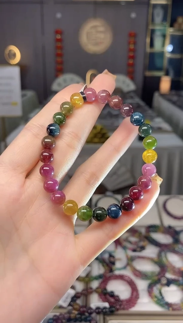 未镶嵌老矿碧玺色标彩虹单圈手串7mm+碧玺dan多样性发货一条