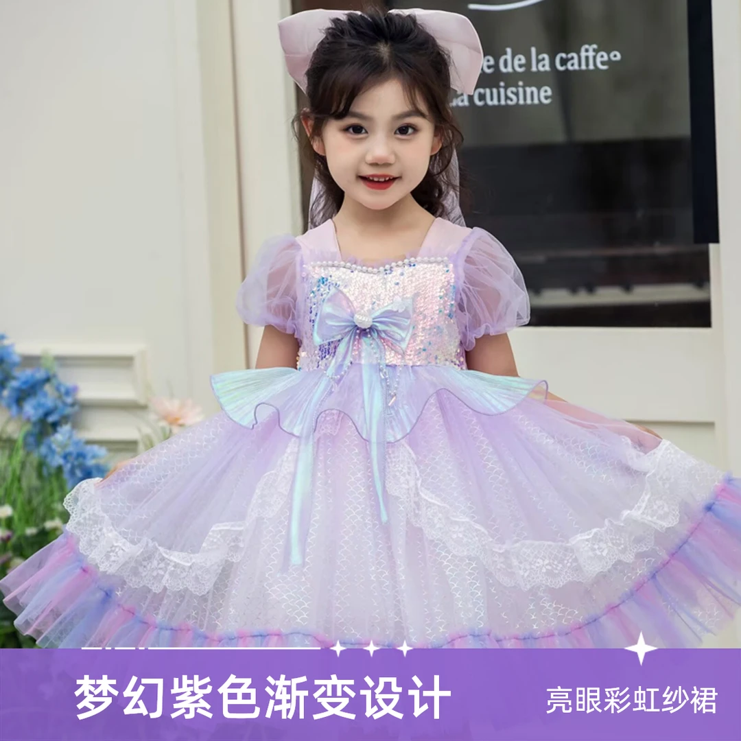 女童粉紫蝴蝶结公主礼服连衣裙新款洋气时尚甜美可爱送头纱蓬蓬裙