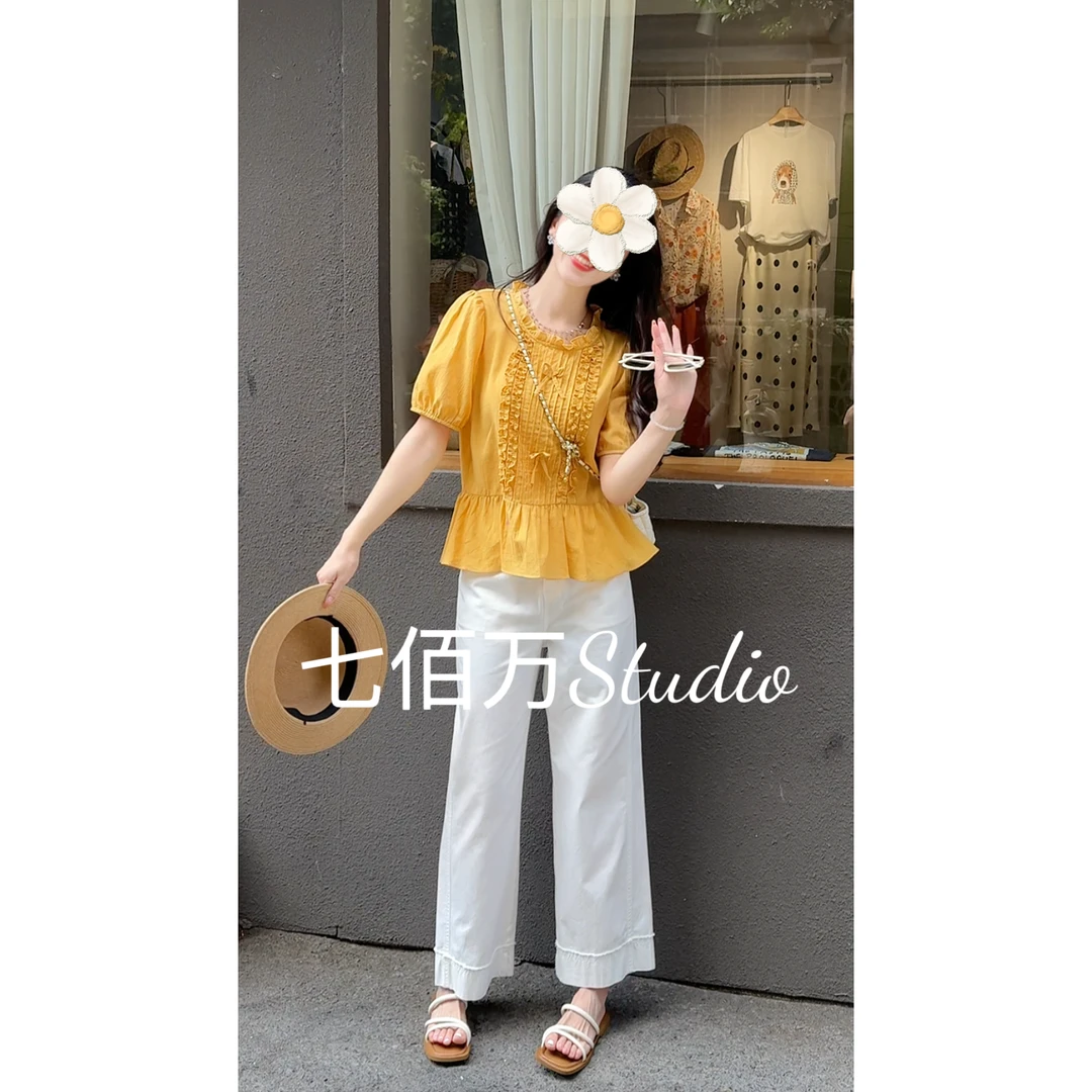 【欧加恋恋】2025夏季新款气质显瘦木耳花边压褶短袖衬衫H82539