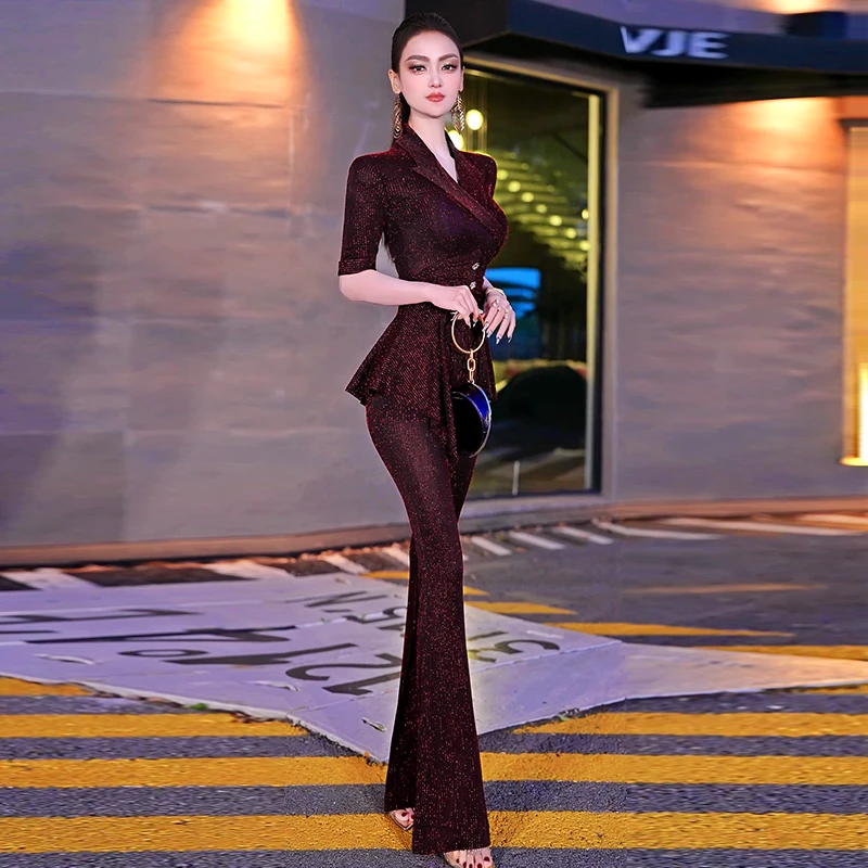 夏季时尚OL干练套装2025新款轻熟风小众上衣微喇叭裤两件套