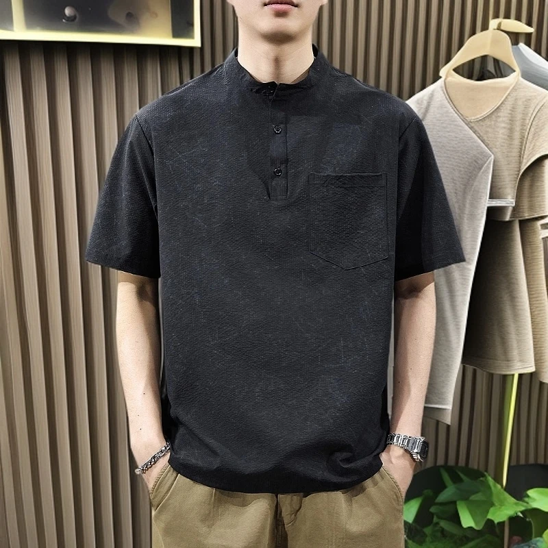 220G美式重磅亨利领短袖t恤男士polo衫宽松透气凉感半袖立领体恤