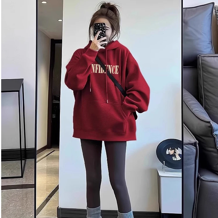 酒红色连帽卫衣女秋冬加绒2025蛇年本命年衣服新年上衣加绒拜年服
