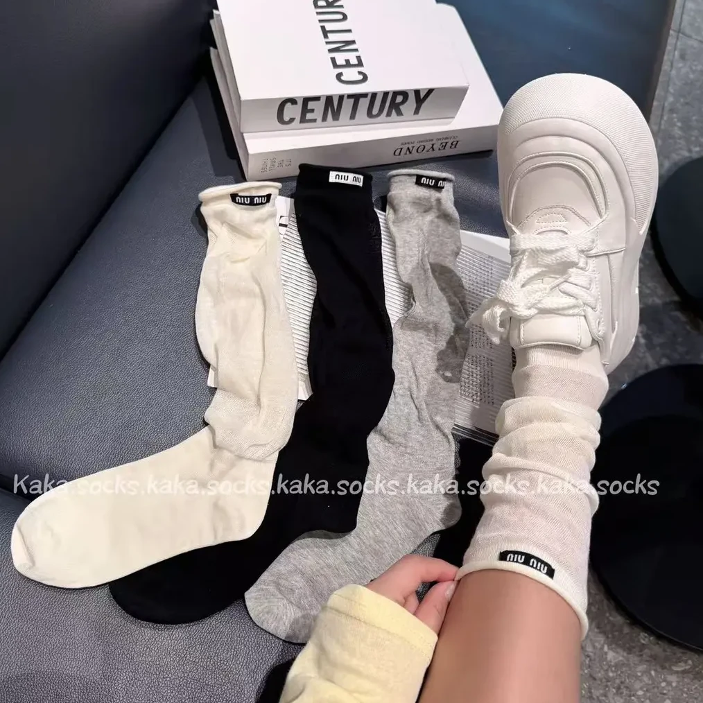 欧货薄透夏季薄款无骨字母布标ins运动个性洋气小腿堆堆袜TJ