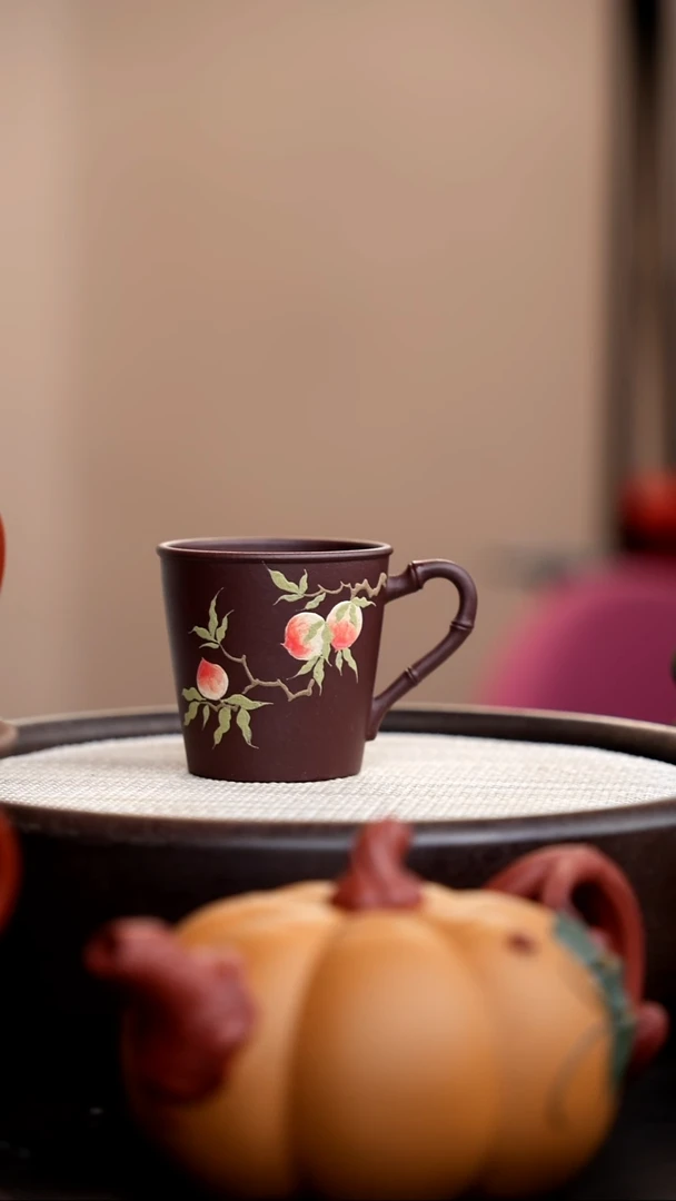 茶壶紫砂紫泥竹节手把杯桃子