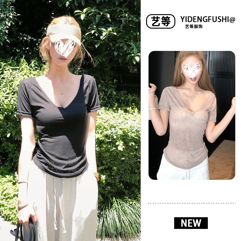 6-8运补2025年夏季新款韩系穿搭高级感领恤修身显瘦纯欲辣妹百搭