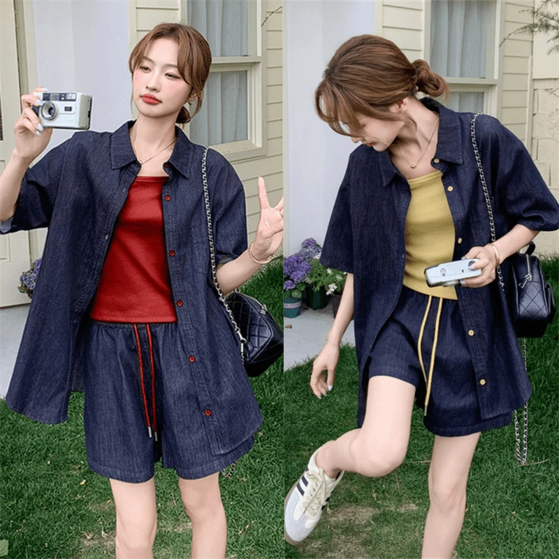 休闲风极简风夏装套装短裤百搭衬衣套装衬衫牛仔俩件套复古女装
