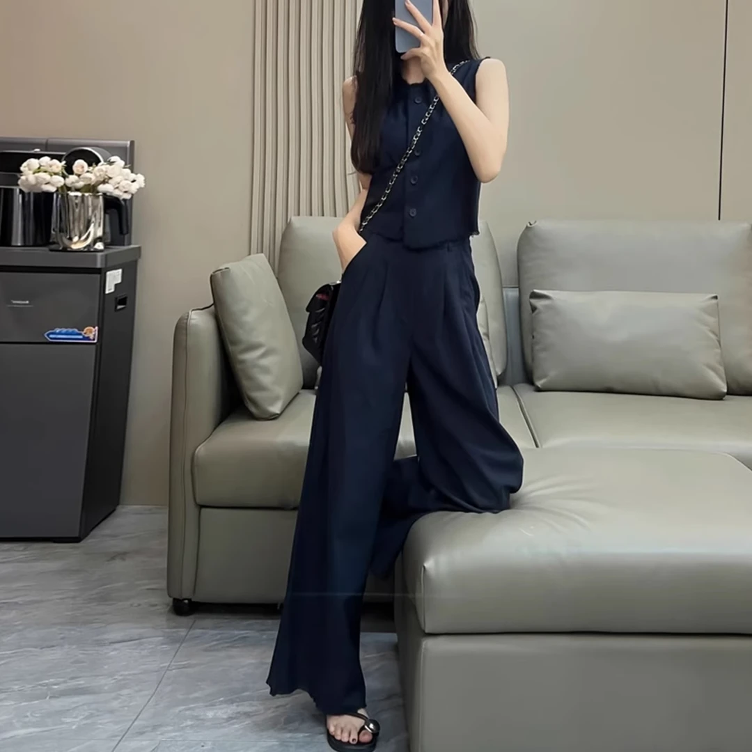 时尚减龄气质套装女2025夏季新款设计感百搭马甲短袖阔腿裤两件套