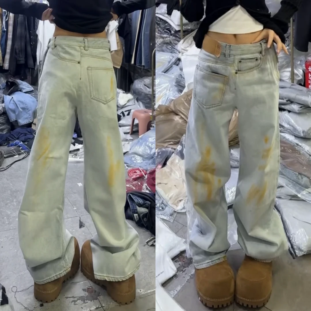 景倩妮韩系设计感窄版牛仔裤女2025年春季新款高腰显瘦宽松阔腿裤