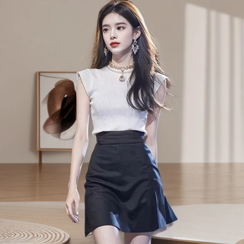 夏季新款气质时尚白色上衣高级感显瘦百搭韩版高腰短裙半身裙套装