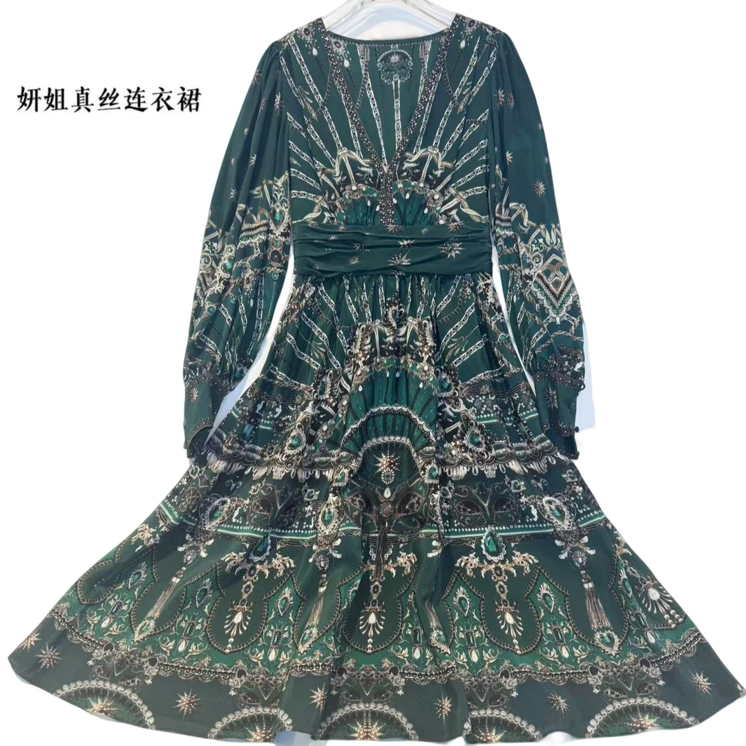 2025妍姐印花时尚设计师气质收腰真丝连衣裙绿花色 240109