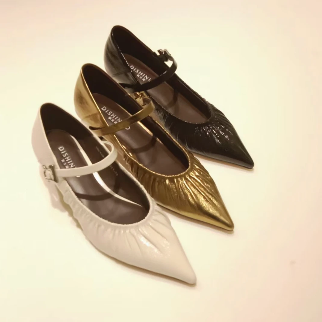 狄士诺2025新款真皮尖头浅口细跟不累脚单鞋女气质中跟鞋