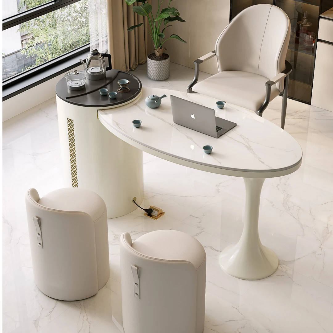 奶油风轻奢岩板茶桌茶台现代简约小户型阳台休闲泡茶台茶桌椅组合