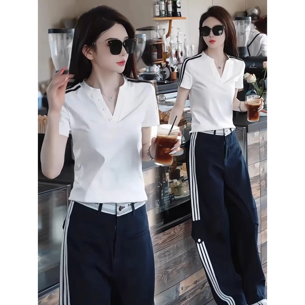 时尚休闲运动套装女2025夏新款洋气小个子V领T恤高腰阔腿裤两件套