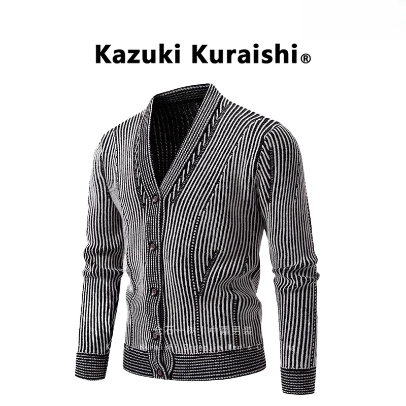 仓石一树男款秋冬潮流新款加厚保暖V领单排扣条纹针织开衫时尚毛