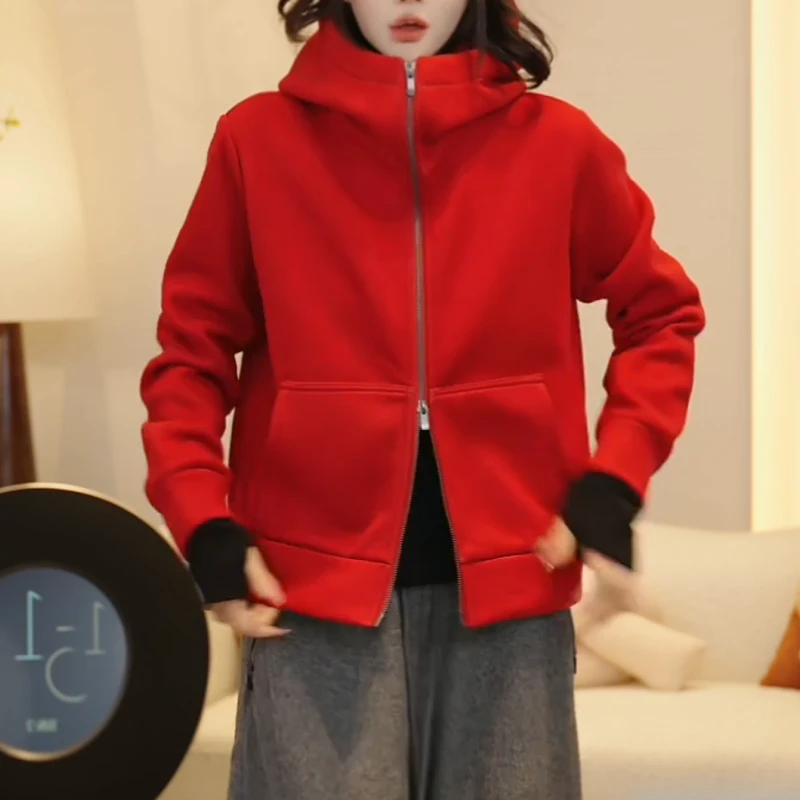 【加分项】秋冬加绒加厚宽松显瘦简约连帽拉链外套卫衣LK2507877