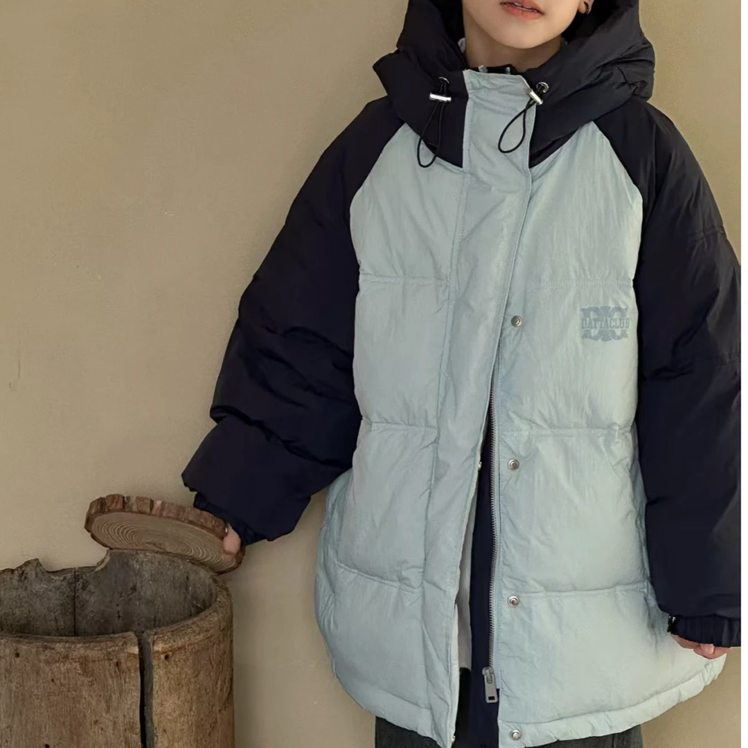 【豪宝贝】2025蓝拼色连帽保暖羽绒服1525