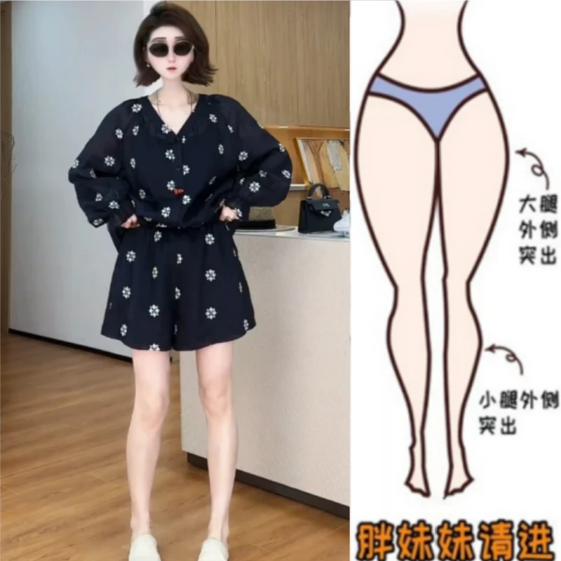 女夏季新款法式长袖开衫宽松显瘦气质慵懒风时尚印花阔腿短裤套装