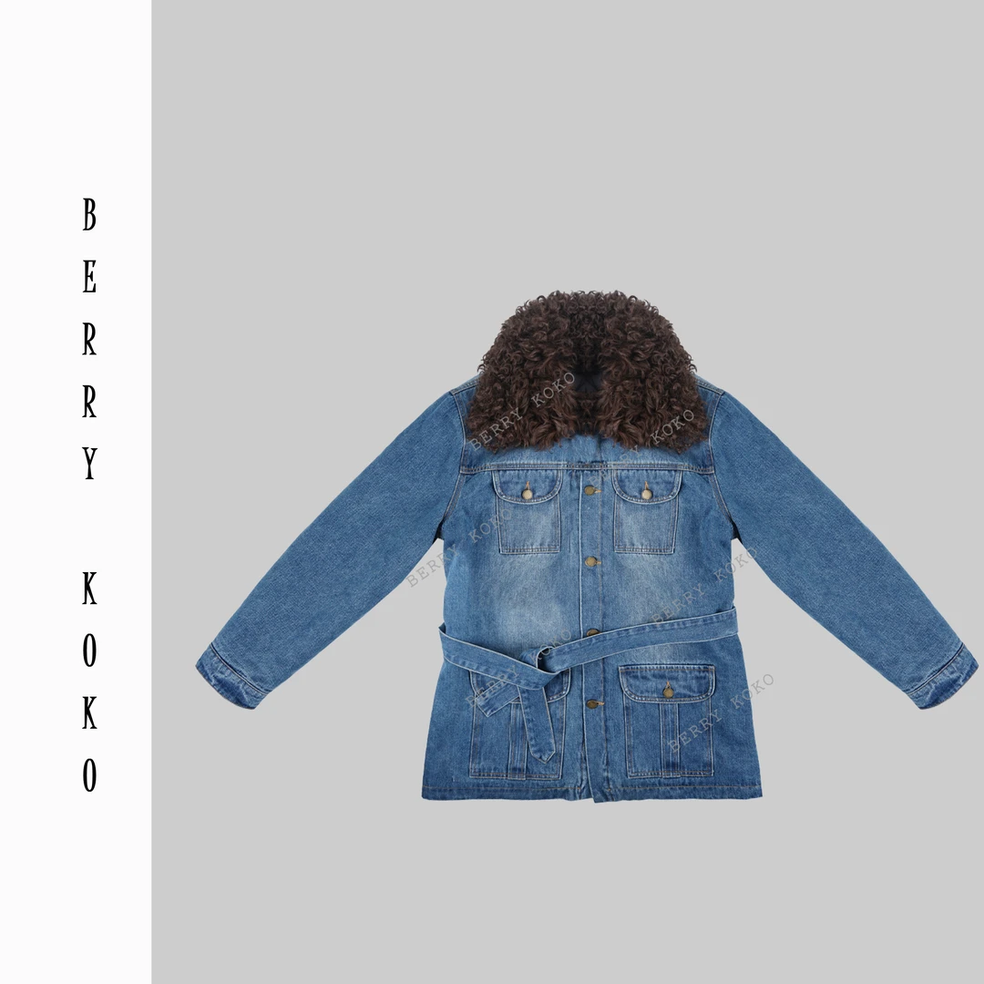 秋冬复古“羊羔毛”翻领内里压格“加棉”工装口袋牛仔棉衣 W142