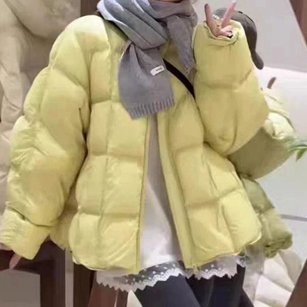 韩系纯色圆领棉服女2024冬百搭休闲保暖面包服韩版外套上衣TR10
