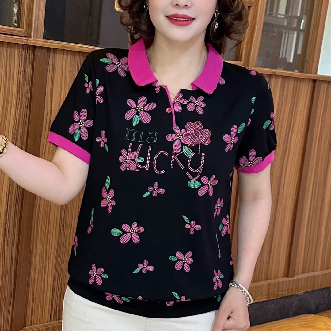印花休闲风拼色烫钻短袖T恤夏季女装时尚洋气中老年百搭上衣