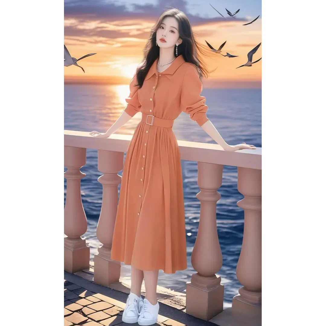 减龄超火衬衫连衣裙长裙收腰度假风约会穿搭多巴胺绝美小裙子春