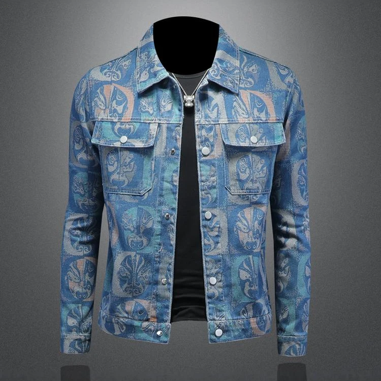 希敦纽勒欧货牛仔外套男装春秋季韩版修身潮牌休闲提花翻领夹克
