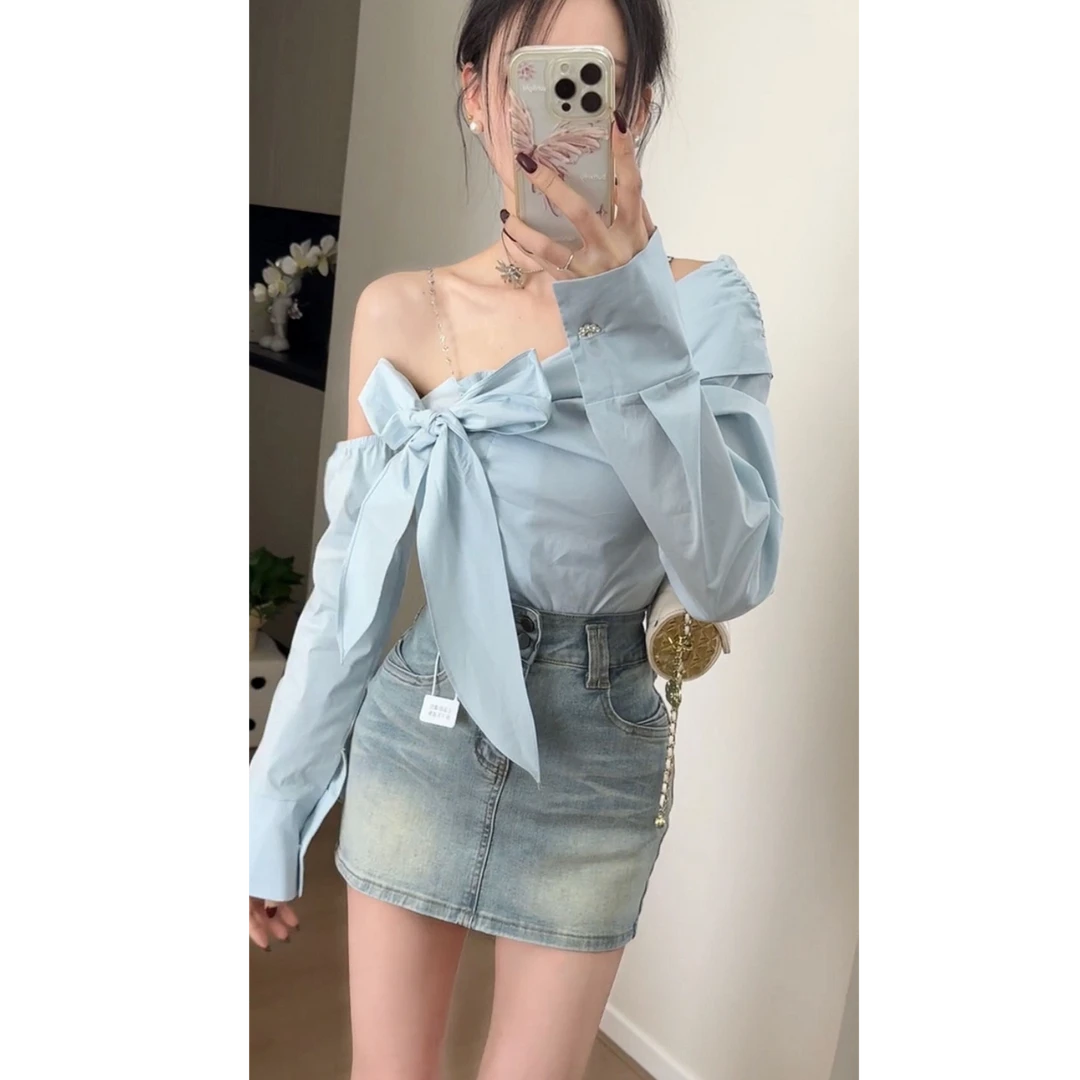 时尚新款早春季韩系女装慵懒感显瘦一字肩上衣休闲牛仔短裙女长袖