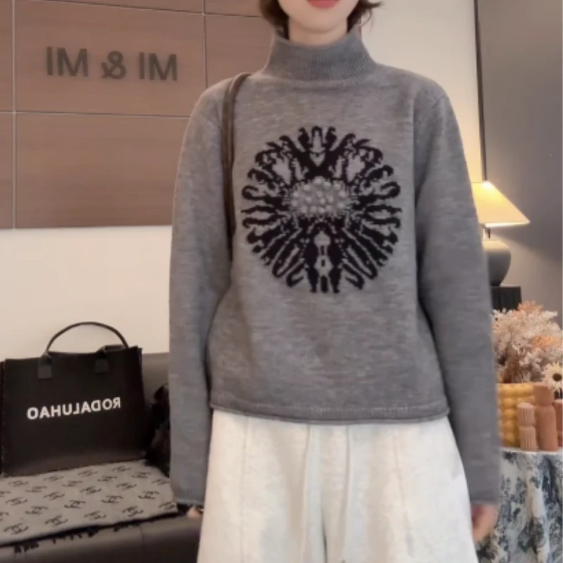 秋冬新款高领百搭气质显瘦高领提花时尚毛针织上衣LK2508985