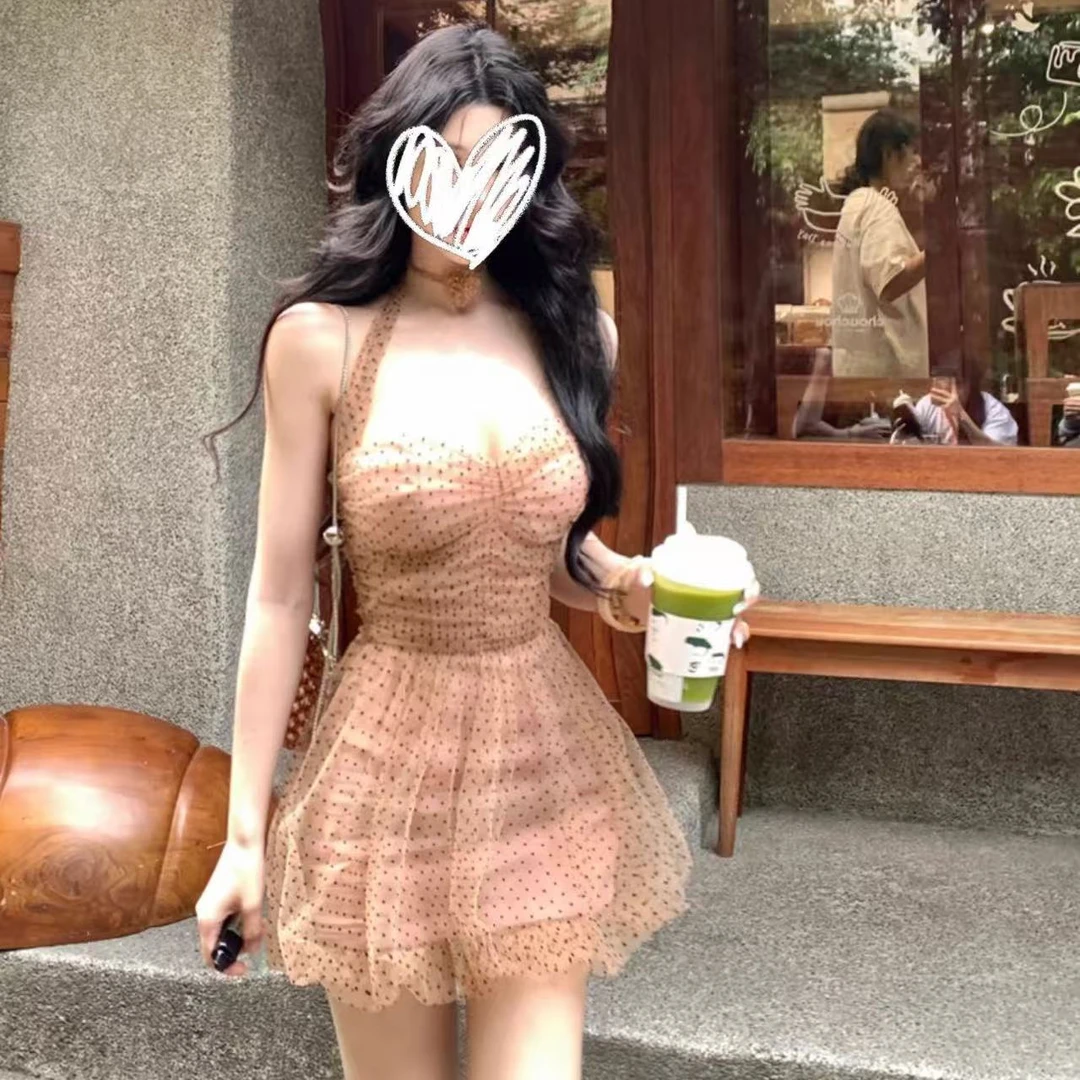 波点挂脖连衣裙女2025春季新款辣妹抹胸短裙网纱裙子