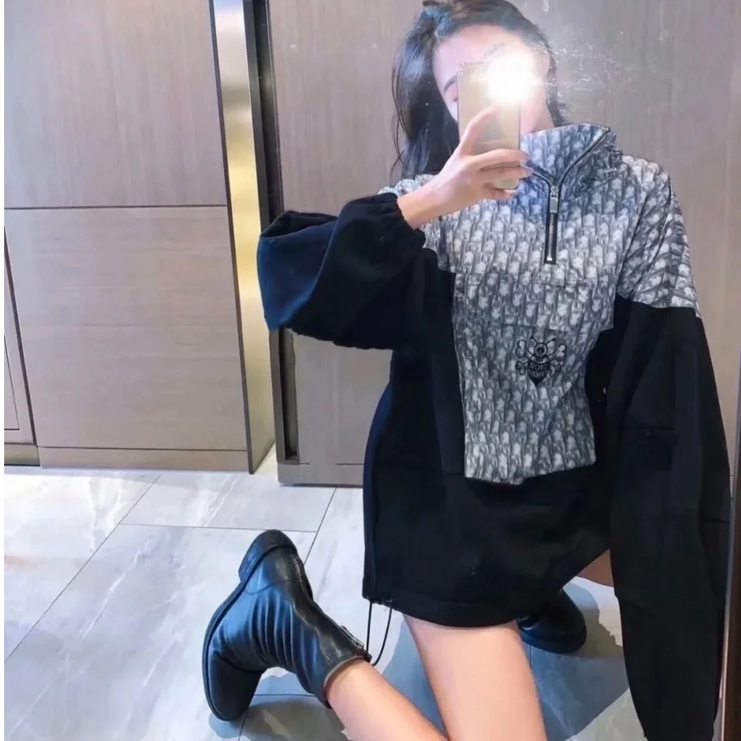 未使用 DIOR/迪奥 logo印花图案冲锋衣卫衣 灰黑/XL